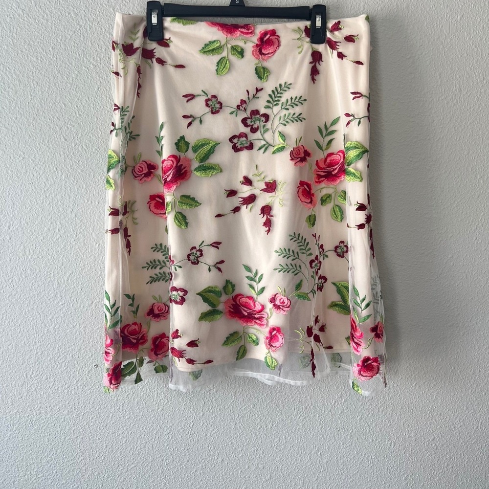 ECI New York Skirt Floral Embroidered Mesh Cream Pink Womens 14